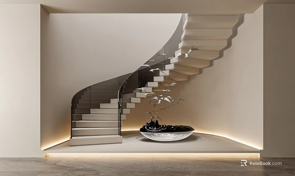 Modern Spiral Staircase With Metal Frame Glass Railing And Decorative Sculpture In Minimalist Interior 3d model 