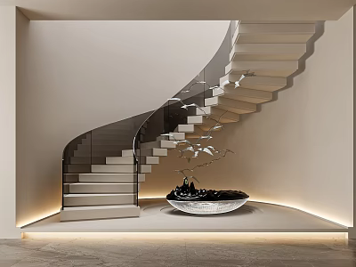Modern Spiral Staircase With Metal Frame Glass Railing And Decorative Sculpture In Minimalist Interior 3d model
