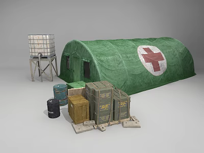 Military Weapon Storage Crates With Green Tent Barrels And Military Equipment Setup 3d model