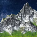 Park Landscape With Mountain Peaks Green Grass And White Rocks Under Starry Sky