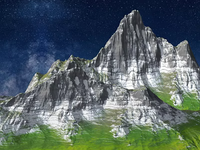 Park Landscape With Mountain Peaks Green Grass And White Rocks Under Starry Sky 3d model