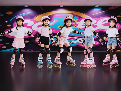 Kids Roller Skating Indoors With Colorful Wall Wearing Pink Helmets And Protective Gear 3d model