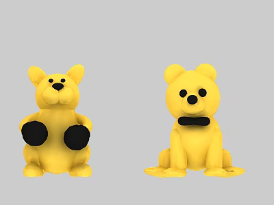 Yellow Stuffed Bear Dolls With Black Paws And Bow Tie Sitting Pose 3d model