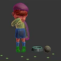 Game Character Little Red Haired Boy Wearing Brown Cap Green Top With Bowl And Ball