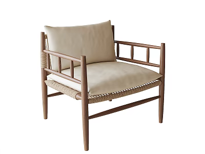 Stylish Wooden Frame Accent Chair With Light Beige Cushion And Woven Details 3d model