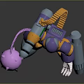 Purple Armored Robot Character Holding Blaster With Orange Cables And Glowing Pink Sphere Creature