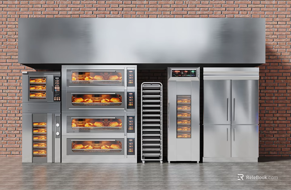 Commercial Kitchen Appliances With Stainless Steel Ovens Metal Racks And Refrigerators On Brick Wall Background 3d model 