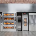 Commercial Kitchen Appliances With Stainless Steel Ovens Metal Racks And Refrigerators On Brick Wall Background