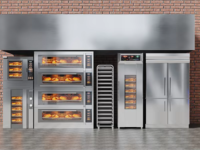 Commercial Kitchen Appliances With Stainless Steel Ovens Metal Racks And Refrigerators On Brick Wall Background 3d model