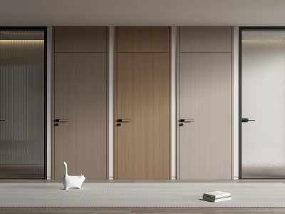 Modern Interior Design Showcasing Various Wood And Gray Hinged Doors 3d model