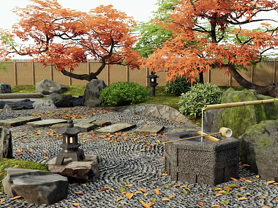 Zen Japanese Garden Landscape Design With Orange Maple Trees Stone Lantern Bamboo Water Feature And Gravel 3d model