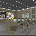 Monitoring Room Interior With Camouflage Patterned Walls Large Control Console And Big Screen