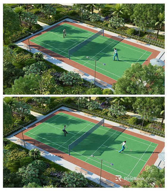 Sports Complex Tennis Court With Lush Greenery And People Playing Tennis 3d model 
