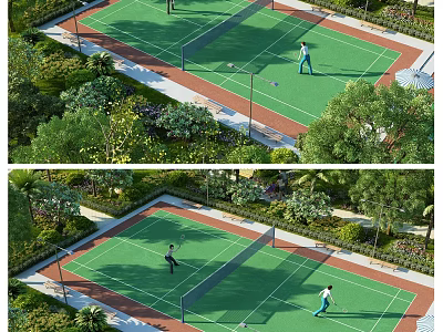 Sports Complex Tennis Court With Lush Greenery And People Playing Tennis 3d model