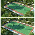 Sports Complex Tennis Court With Lush Greenery And People Playing Tennis