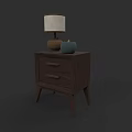 Wooden Bedside Table With Two Drawers Wood Grain Table Lamp And Blue Planter