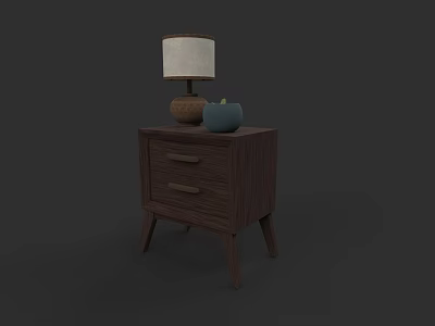 Wooden Bedside Table With Two Drawers Wood Grain Table Lamp And Blue Planter 3d model