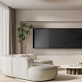 Modern Living Room Interior With Curved Sofa Large TV Round Coffee Table And Wooden Floor