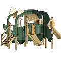 Green Elephant Shaped Playground Equipment with Wooden Slides Stairs and Canopy
