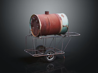 Rusted Red And Green Oil Drum On Metal Cart With Wheels And Stand Structure 3d model