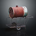 Rusted Red And Green Oil Drum On Metal Cart With Wheels And Stand Structure