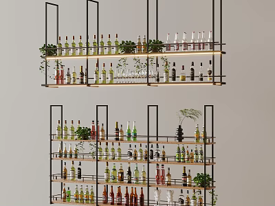 Stylish Multi Tiered Storage Shelf With Wine Bottles And Decorative Green Plants 3d model