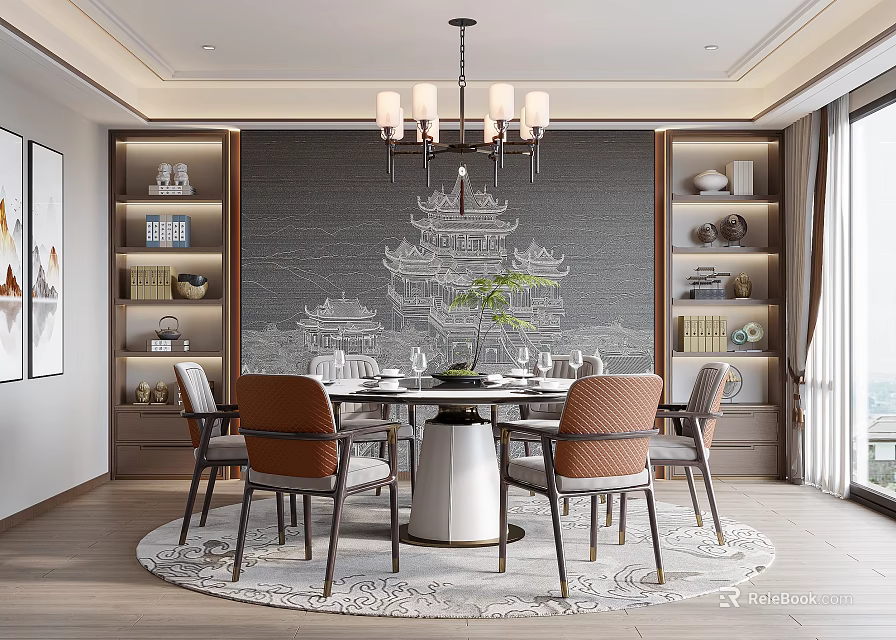 Elegant Traditional Chinese Restaurant Interior With Round Table Chairs Chandelier Side Shelves And Decorative Wall 3d model 