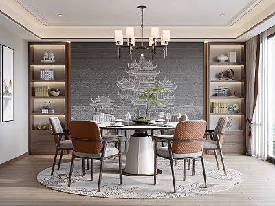 Elegant Traditional Chinese Restaurant Interior With Round Table Chairs Chandelier Side Shelves And Decorative Wall 3d model