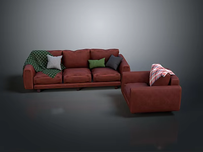 Red Sofa And Armchair With Colorful Cushions And Patterned Blankets 3d model