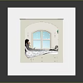 Cartoon Scene Featuring Girl on Bed Reading Book With Mug Near Snowy Window Black Cat