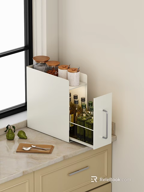 White Kitchen Storage Cabinet With Glass Bottles And Wooden Lid Jars On Countertop 3d model 