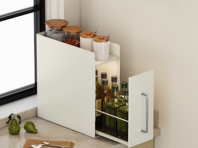 White Kitchen Storage Cabinet With Glass Bottles And Wooden Lid Jars On Countertop 3d model