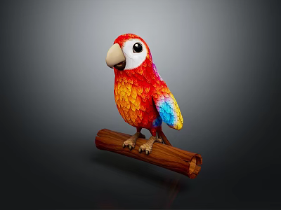 Colorful Parrot with Vibrant Feathers Perched on Wooden Log Against Gray Background 3d model