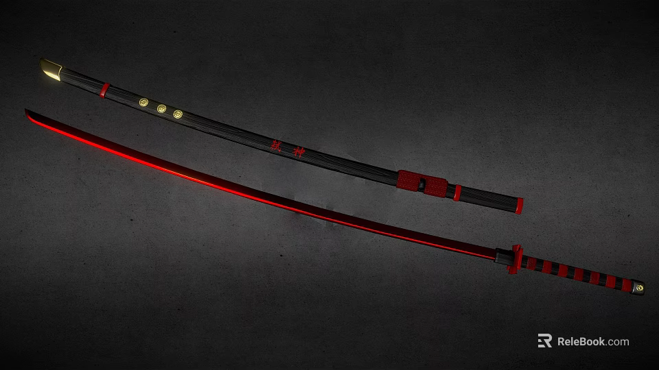 Traditional Samurai Swords With Black Red Handles And Sharp Blades On Dark Background 3d model 