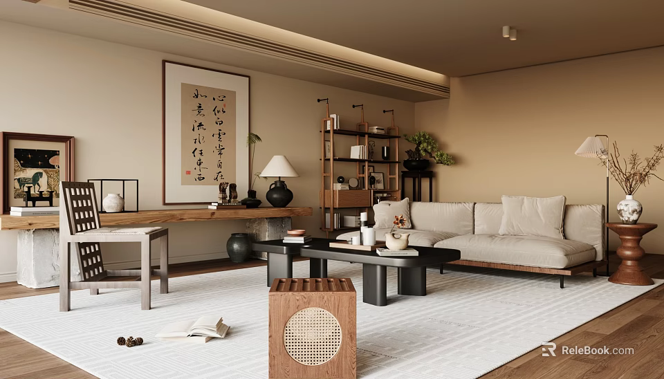Serene Living Room Interior With Chinese Calligraphy Painting Wooden Bookshelf Green Plant And Beige Sofa 3d model 