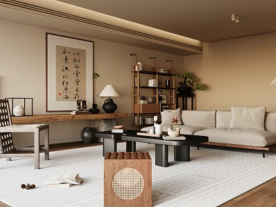 Serene Living Room Interior With Chinese Calligraphy Painting Wooden Bookshelf Green Plant And Beige Sofa 3d model
