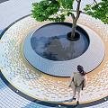 Woman Viewing Circular Patterned Pavement With Tree And Reflective Water Pool 3d model