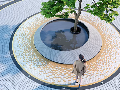 Woman Viewing Circular Patterned Pavement With Tree And Reflective Water Pool 3d model