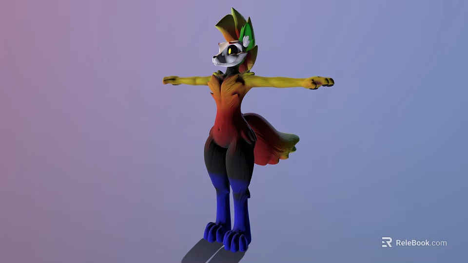 3D Animated Fox Like Game Character With Colorful Fur Green Ears And Open Arms 3d model 