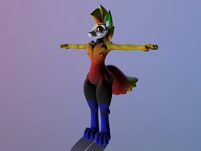 3D Animated Fox Like Game Character With Colorful Fur Green Ears And Open Arms 3d model