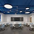School Library Interior With Blue Ceiling White Walls Bookshelves Tables And Chairs