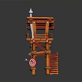 Orange Watchtower With Sloped Roof White Spire Red Ladder Ropes Circular Sign And Support Posts