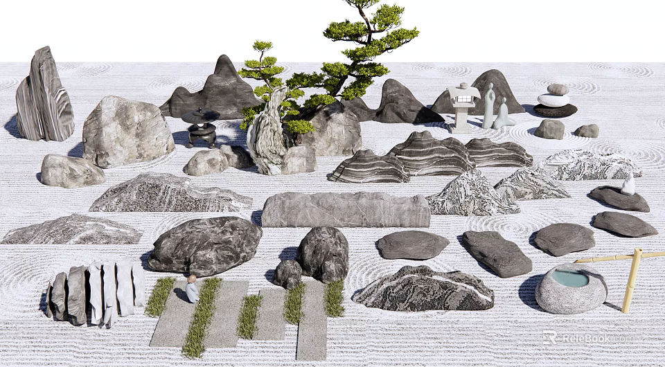 Zen Garden Landscape Featuring Stones Wood Pine Tree Sand Path And Decorative Elements 3d model