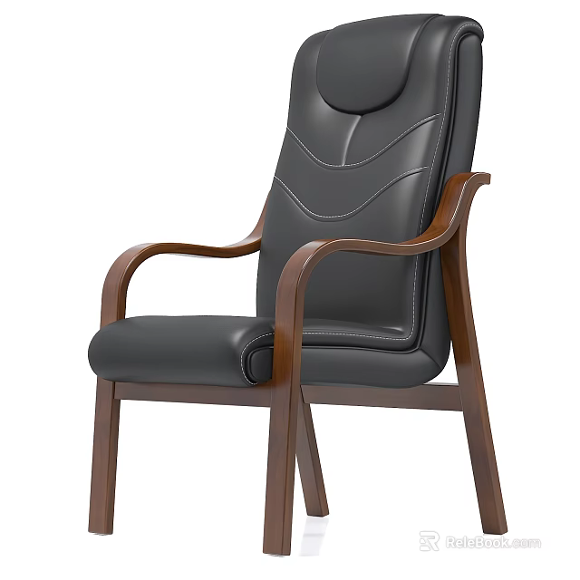 Ergonomic Black Leather Office Chair With Padded High Back And Wooden Arms Legs 3d model 