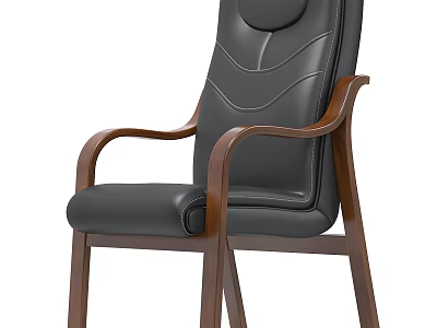 Ergonomic Black Leather Office Chair With Padded High Back And Wooden Arms Legs 3d model