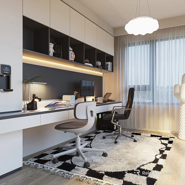 Modern Study Room With Black And White Bookshelves Desk Chairs And Decorative Rug 3d model 