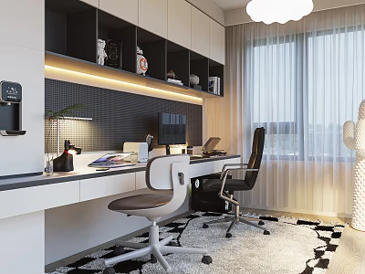 Modern Study Room With Black And White Bookshelves Desk Chairs And Decorative Rug 3d model