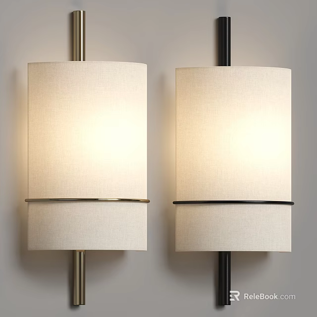 Modern Wall Lamps With Cylindrical White Fabric Shades And Metal Accents Mounted On Wall 3d model 