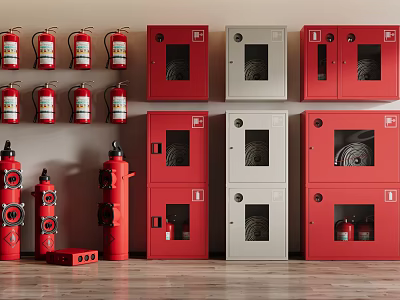 Various Fire Equipment Display Including Red Extinguishers And Safety Cabinets 3d model