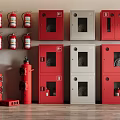 Various Fire Equipment Display Including Red Extinguishers And Safety Cabinets